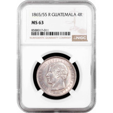 Guatemala 4 Reales 1865/55 R, NGC MS63, "Präsident Rafael Carrera (1851 - 1865)"