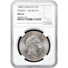 Preußen 5 Mark 1888 A, NGC MS63, "König Wilhelm II (1888 - 1918)" Silbermünze
