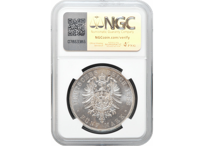 Пруссия 5 марок 1888 г. A, NGC MS63, "Король Вильгельм II (1888 - 1918)"
