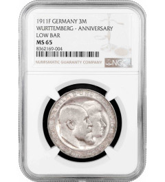 Wurttemberg 3 mark 1911 F, NGC MS65, "Silver Wedding of William II & Charlotte"