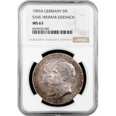 Saxe-Weimar-Eisenach 5 mark 1903 A, NGC MS63, "Wedding of William & Caroline"