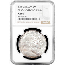 Baden 5 mark 1906, NGC MS64, "50th Anniv. - Wedding of Frederick I & Louise"