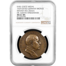 Weimar Republic bronze medal 1929, NGC MS61 BN, "Gustav Stresemann" KARL GOETZ