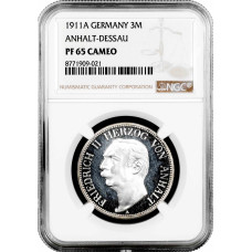 Anhalt-Dessau 3 mark 1911 A, NGC PF65 CAM, "Frederick II (1904 - 1918)" Top Pop