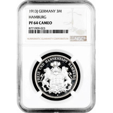 Hamburg 3 Mark 1913 J, NGC PF64 CAM, "Frei Stadt (1871 - 1918)" Silbermünze