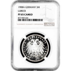 Lübeck 3 Mark 1908 A, NGC PF65 CAM, "Freie Stadt Lübeck (1871 - 1918)"