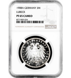 Lubeck 3 mark 1908 A, NGC PF65 CAM, "Free city of Lubeck (1871 - 1918)" silver