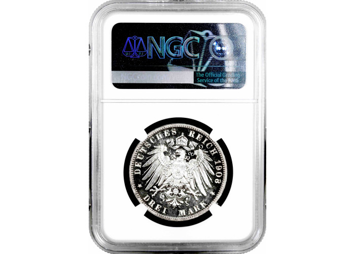 Lubeck 3 mark 1908 A, NGC PF65 CAM, "Free city of Lubeck (1871 - 1918)" silver