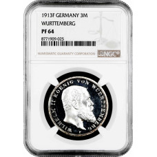 Wurttemberg 3 mark 1913 F, NGC PF64, "King William II (1891 - 1918)" siver coin