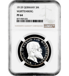 Wurttemberg 3 mark 1913 F, NGC PF64, "King William II (1891 - 1918)" siver coin