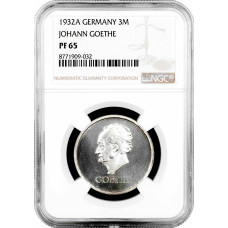 Weimar Republic 3 reichsmark 1932 A, NGC PF65, "Death of Johann Goethe" Top Pop