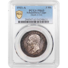 Schaumburg-Lippe 3 mark 1911 A, PCGS PR63, "Prince Albrecht Georg (1893 - 1911)"