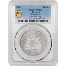 Бремен 1 талер 1863 г., PCGS MS64, "Освобождение Германии"