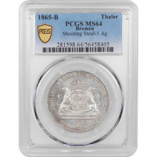 Бремен 1 талер 1865 г., PCGS MS64, "Второй немецкий фестиваль стрельбы"