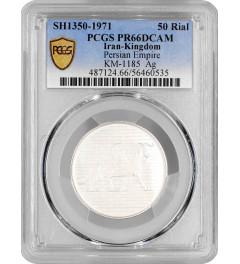Persia 50 rials SH 1350 (1971), PCGS PR66 DCAM, "Darius I - Griffin Frieze" silver coin