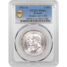 Preußen 3 Mark 1911 A, PCGS MS64, "100 Jahre Universität Breslau" Silbermünze