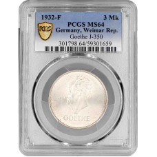 Weimar Republic 3 reichsmark 1932 F, PCGS MS64, "100th Anniv. - Death of Goethe"