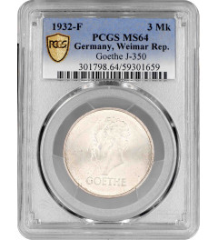 Weimar Republic 3 reichsmark 1932 F, PCGS MS64, "100th Anniv. - Death of Goethe"