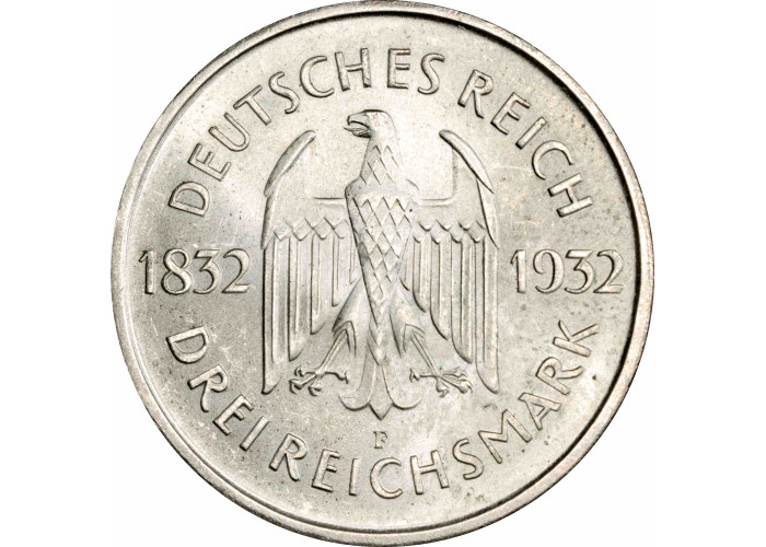 Weimar Republic 3 reichsmark 1932 F, PCGS MS64, "100th Anniv. - Death of Goethe"