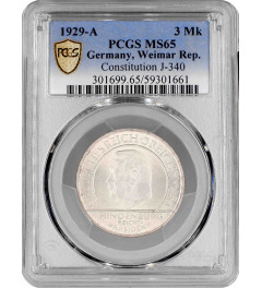 Weimar Republic 3 reichsmark 1929 A, PCGS MS65, "Weimar Constitution" Pop 6/1