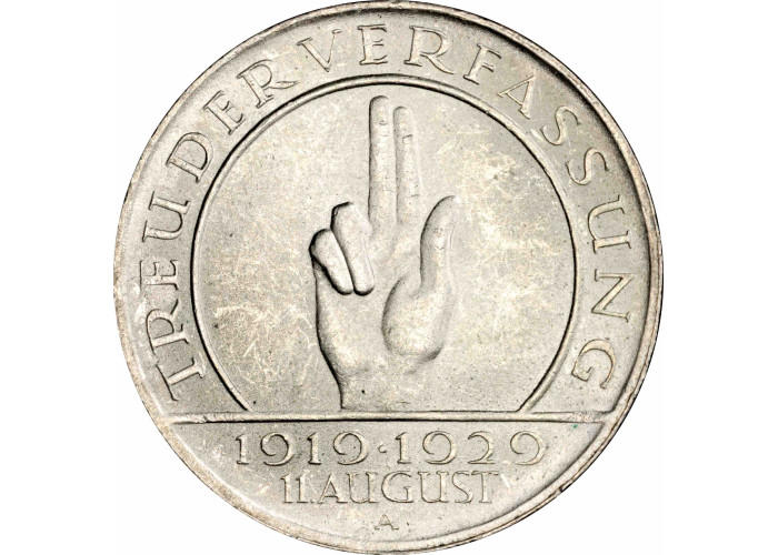 Weimar Republic 3 reichsmark 1929 A, PCGS MS65, "Weimar Constitution" Pop 6/1