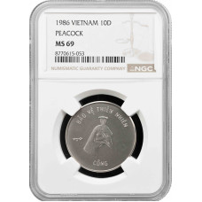 Вьетнам 10 донгов 1986 г., NGC MS69, "Защита природы - Павлин" Top Pop 2/0