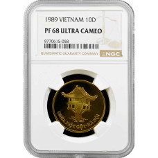 Вьетнам 10 донгов 1989 г., NGC PF68 UC, "Пагода с одной колонной"