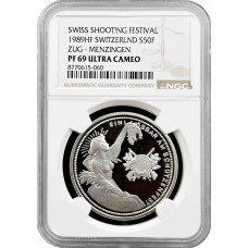 Швейцария 50 франков 1989 г. HF, NGC PF69 UC, "Стрелковый фестиваль в Менцингене"