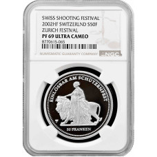 Швейцария 50 франков 2002 г. HF, NGC PF69 UC, "Стрелковый фестиваль в Цюрихе"
