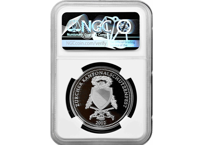 Швейцария 50 франков 2002 г. HF, NGC PF69 UC, "Стрелковый фестиваль в Цюрихе"