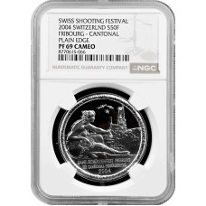 Швейцария 50 франков 2004 г., NGC PF69 CAM, "Стрелковый фестиваль во Фрибуре"