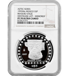 Mexico 5 pesos 1993 Mo, NGC PF70 UC, "Pre-Columbian Aztec - Brasero Efigie"