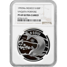 Mexico 100 pesos 1992 Mo, NGC PF69 UC, "Vaquita Porpoise (Phocoena sinus)"