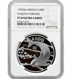 Mexico 100 pesos 1992 Mo, NGC PF69 UC, "Vaquita Porpoise (Phocoena sinus)"