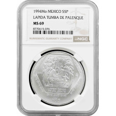 Mexico 5 pesos 1994 Mo, NGC MS69, "Maya - Lapida Tumba de Palenque" Top Pop