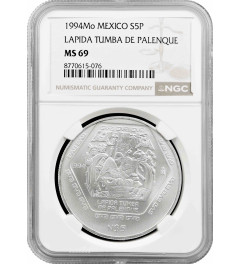 Mexico 5 pesos 1994 Mo, NGC MS69, "Maya - Lapida Tumba de Palenque" Top Pop
