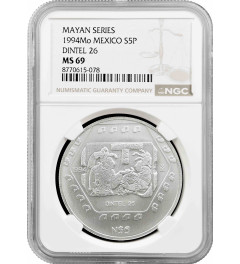 Mexico 5 pesos 1994 Mo, NGC MS69, "Pre-Columbian Maya - Dintel 26"