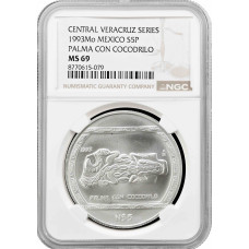 Мексика 5 песо 1993 Mo, NGC MS69, срібна монета "Veracruz - Palma Con Cocodrilo" Top Pop