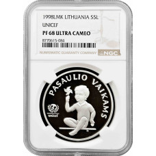 Литва 5 лит 1998 г. LMK, NGC PF68 UC, "ЮНИСЕФ - Дети мира"