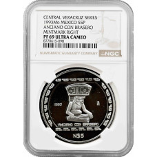 Мексика 5 песо 1993 г. Mo, NGC PF69 UC, "Веракруз - Anciano Con Brasero"