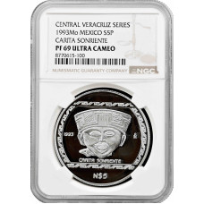 Mexico 5 pesos 1993 Mo, NGC PF69 UC, "Veracruz - Carita Sonriente Smiling face"