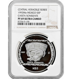 Mexico 5 pesos 1993 Mo, NGC PF69 UC, "Veracruz - Carita Sonriente Smiling face"