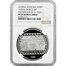 Mexico 5 pesos 1993 Mo, NGC PF69 UC, "Veracruz - Bajorrelieve de el Tajin"