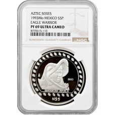 Мексика 5 песо 1993 г. Mo, NGC PF69 UC, "Ацтеки - Воины-орлы"