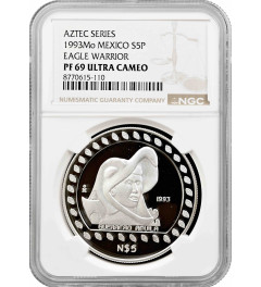 Mexico 5 pesos 1993 Mo, NGC PF69 UC, "Pre-Columbian Aztec - Eagle Warrior"