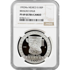 Mexico 100 pesos 1992 Mo, NGC PF69 UC, "Pre-Columbian culture - Brasero Efigie"