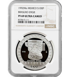 Mexico 100 pesos 1992 Mo, NGC PF69 UC, "Pre-Columbian culture - Brasero Efigie"