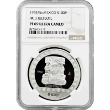 Mexico 100 pesos 1992 Mo, NGC PF69 UC, "Pre-Columbian - Huehueteotl" silver coin