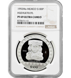 Mexico 100 pesos 1992 Mo, NGC PF69 UC, "Pre-Columbian - Huehueteotl" silver coin