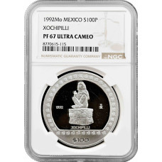 Mexico 100 pesos 1992 Mo, NGC PF67 UC, "Pre-Columbian - Xochipilli" silver coin